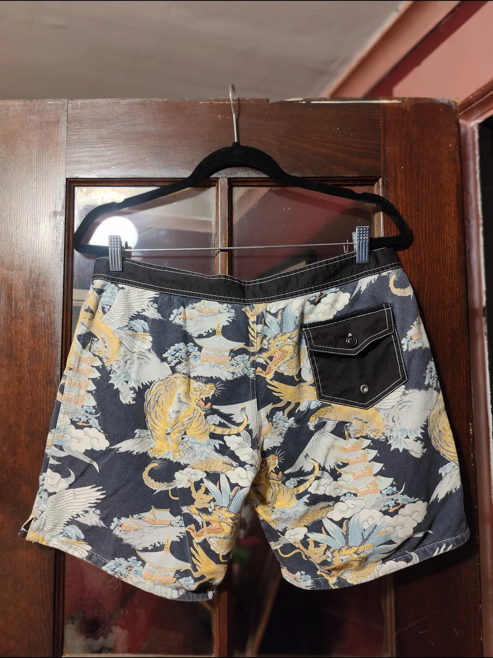 Lucky Brand Navy Swim Board Shorts with Yellow & Light Blue Dragon Print